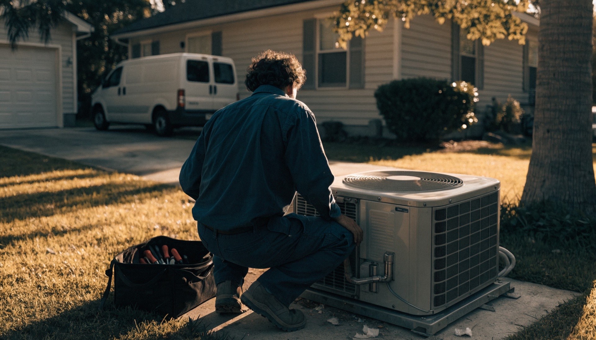 HVAC technician servicing an outdoor AC unit at a suburban home
