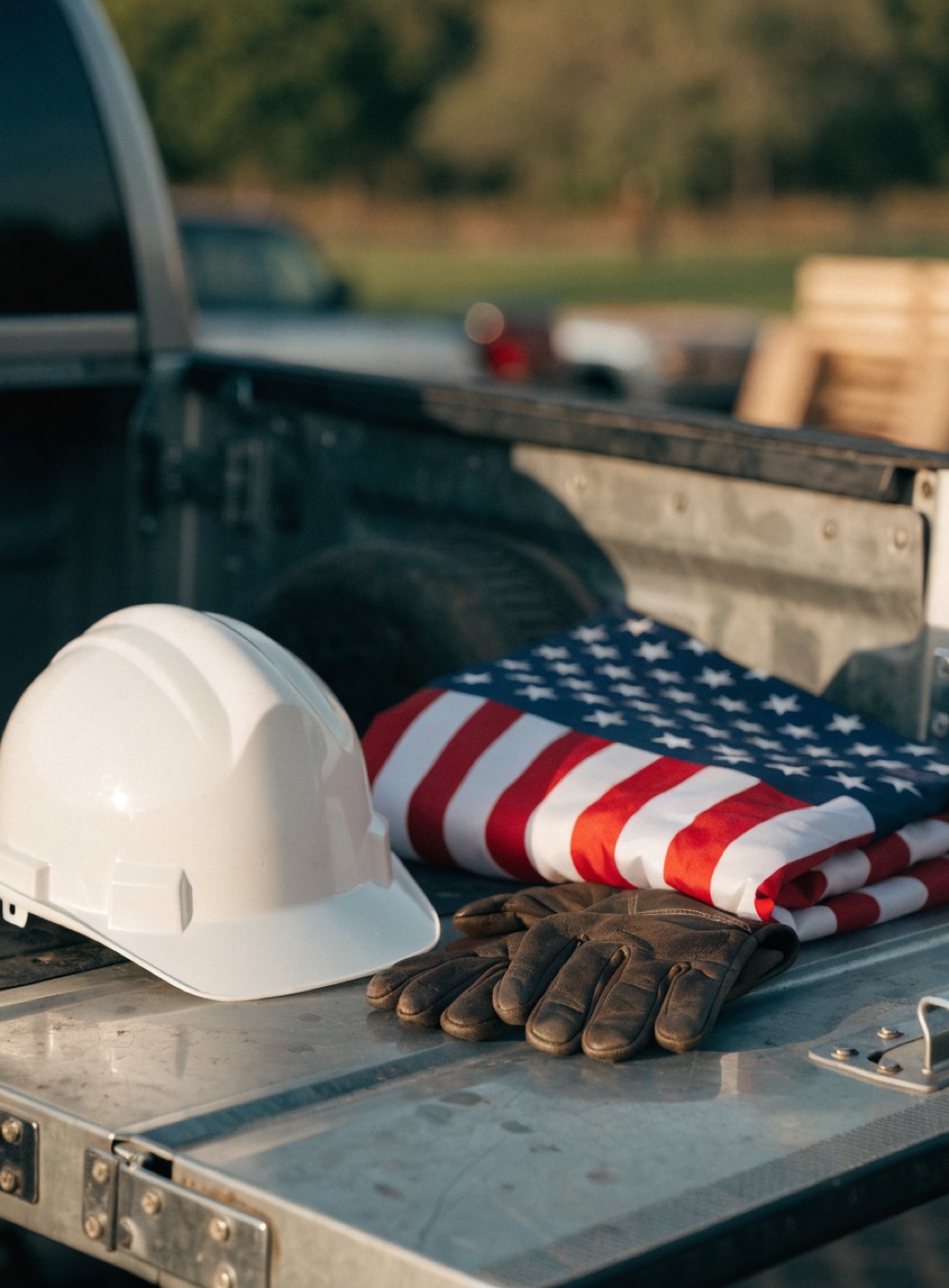 Folded American flag beside a hard hat and work gloves on a truck tailgate